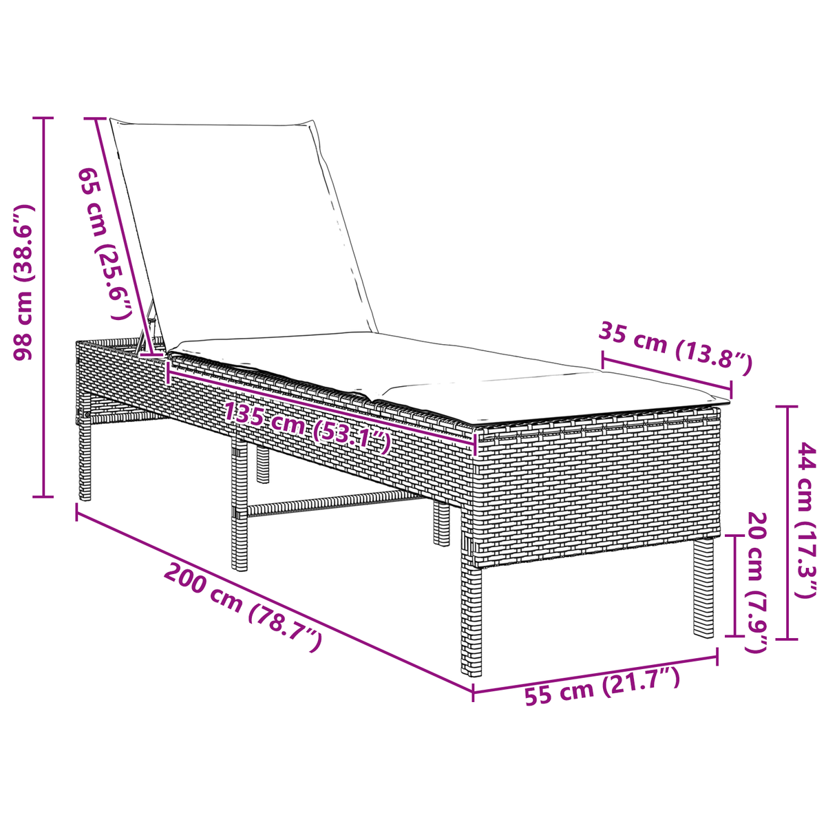 Sonnenliege mit Auflage Grau 55x200x44 cm Poly Rattan