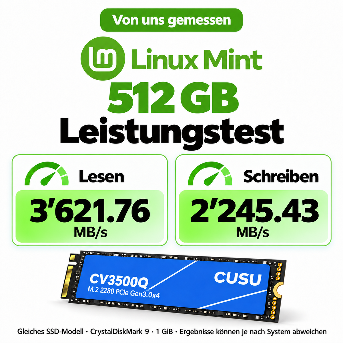 Linux Mint NVMe SSD mit 512 GB – eigener Leistungstest des gleichen CUSU SSD-Modells