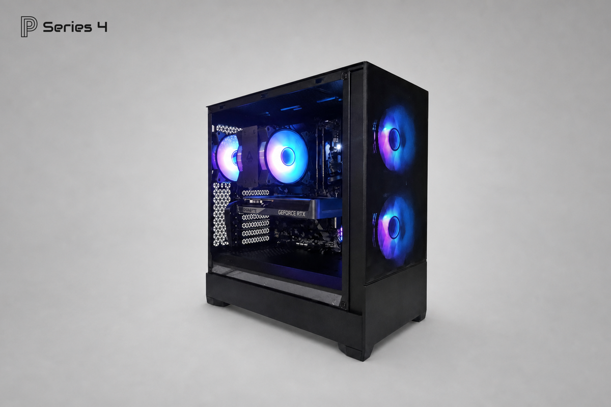 Praktikoo Series 4 Gaming-PC in schräger Gesamtansicht mit beleuchtetem Innenraum