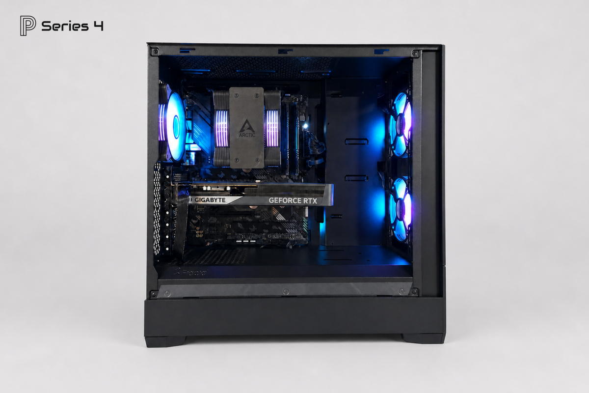Innenansicht des Praktikoo Series 4 Gaming-PCs mit RTX 5060 und RGB-Lüftern