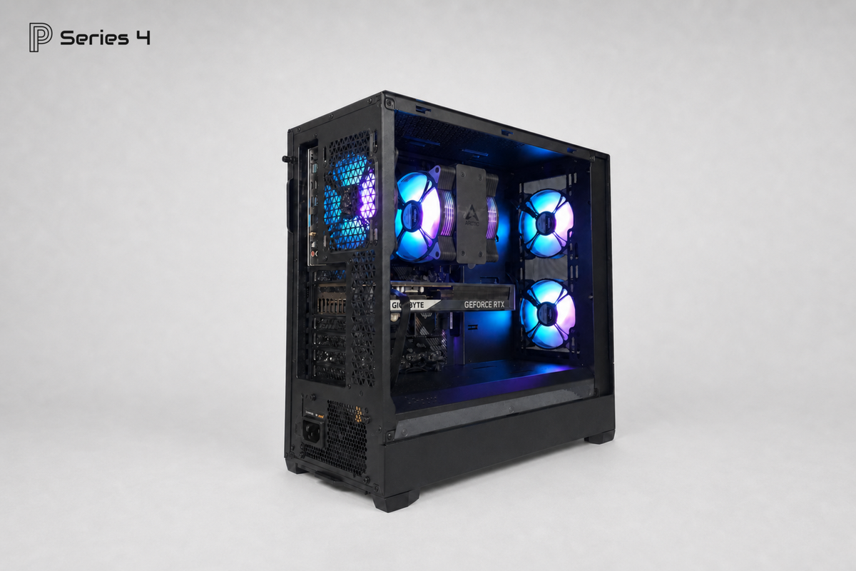 Praktikoo Series 4 Gaming-PC schräg von hinten mit Anschlüssen und RGB-Kühlung