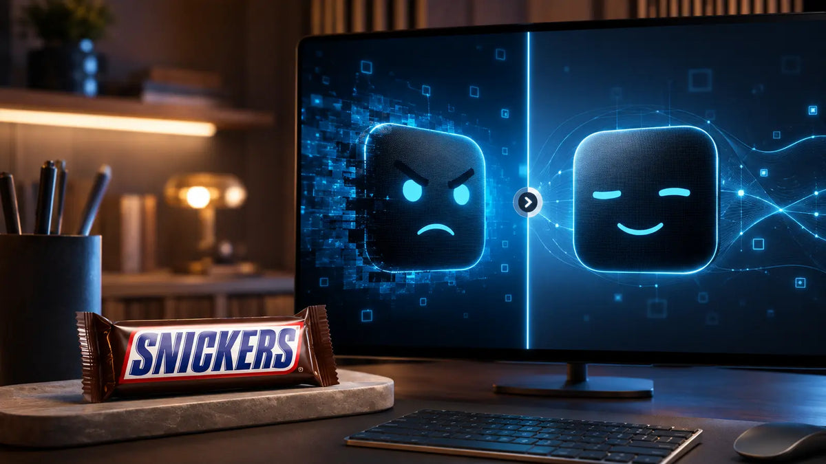 Ein Snickers-Riegel vor einem Bildschirm, auf dem eine schlecht gelaunte KI nach dem digitalen Snack wieder freundlich wird