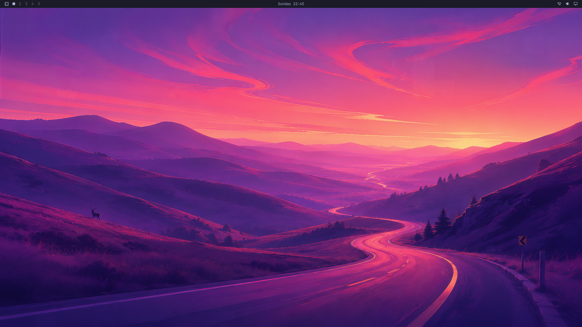 Omarchy-Desktop mit violett-rosa Landschaft und schmaler Leiste am oberen Bildschirmrand
