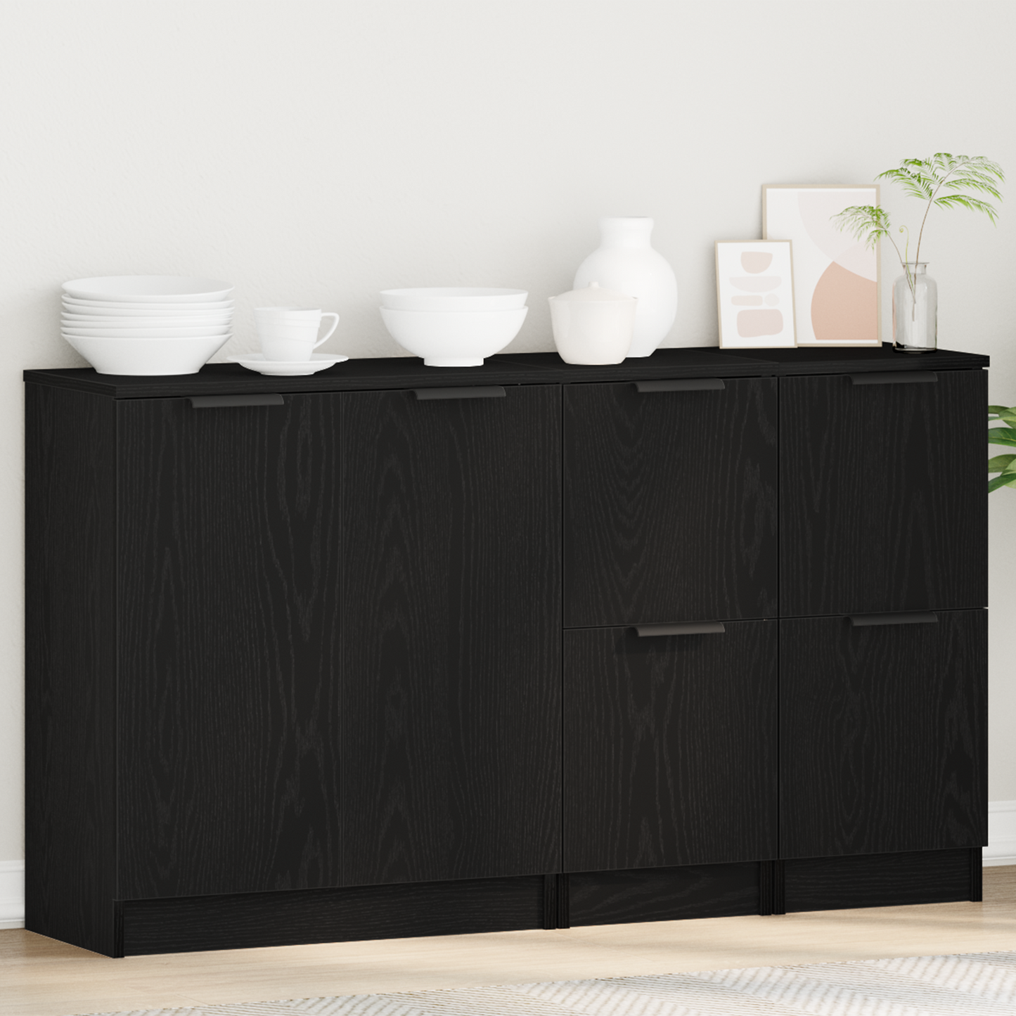Sideboard 3 pcs Schwarz Eichen-Optik Holzwerkstoff