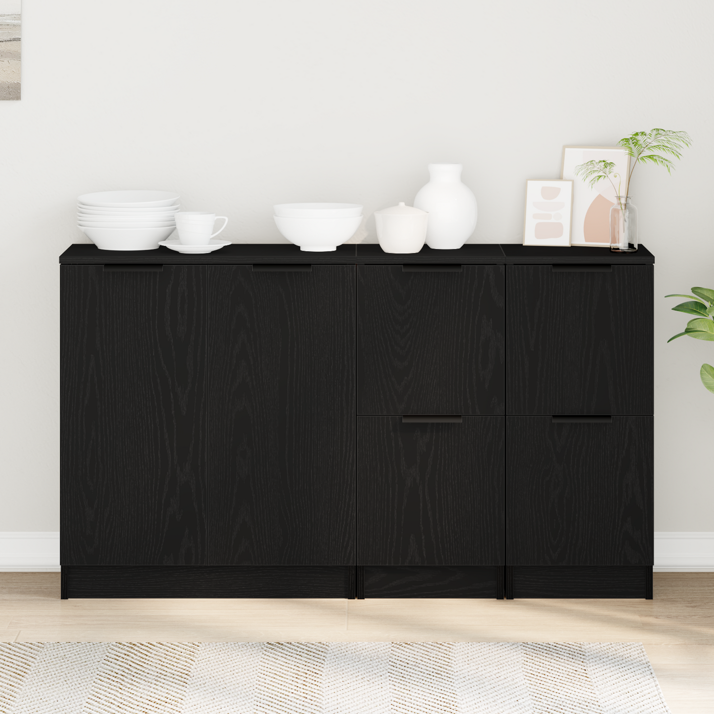 Sideboard 3 pcs Schwarz Eichen-Optik Holzwerkstoff