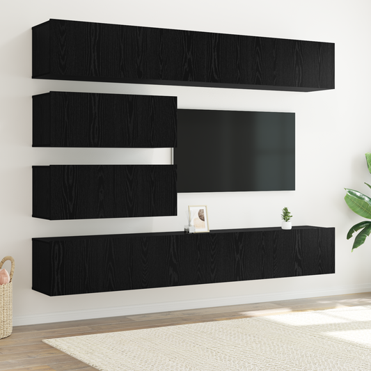 10-teiliges TV Schrank Set - Wandmontiertes schwarzes Eichenholz