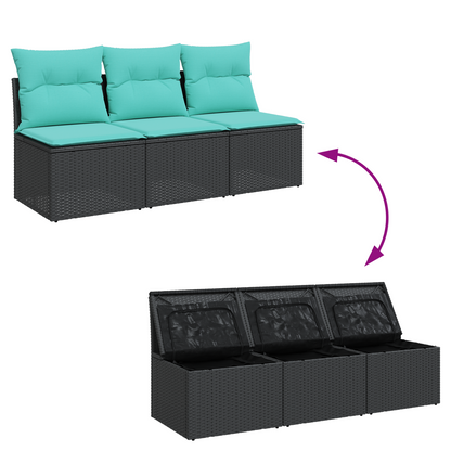 Gartensofa mit Kissen 3-Sitzer Schwarz Poly Rattan