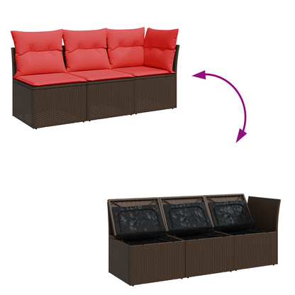 Gartensofa mit Kissen 3-Sitzer Braun Poly Rattan