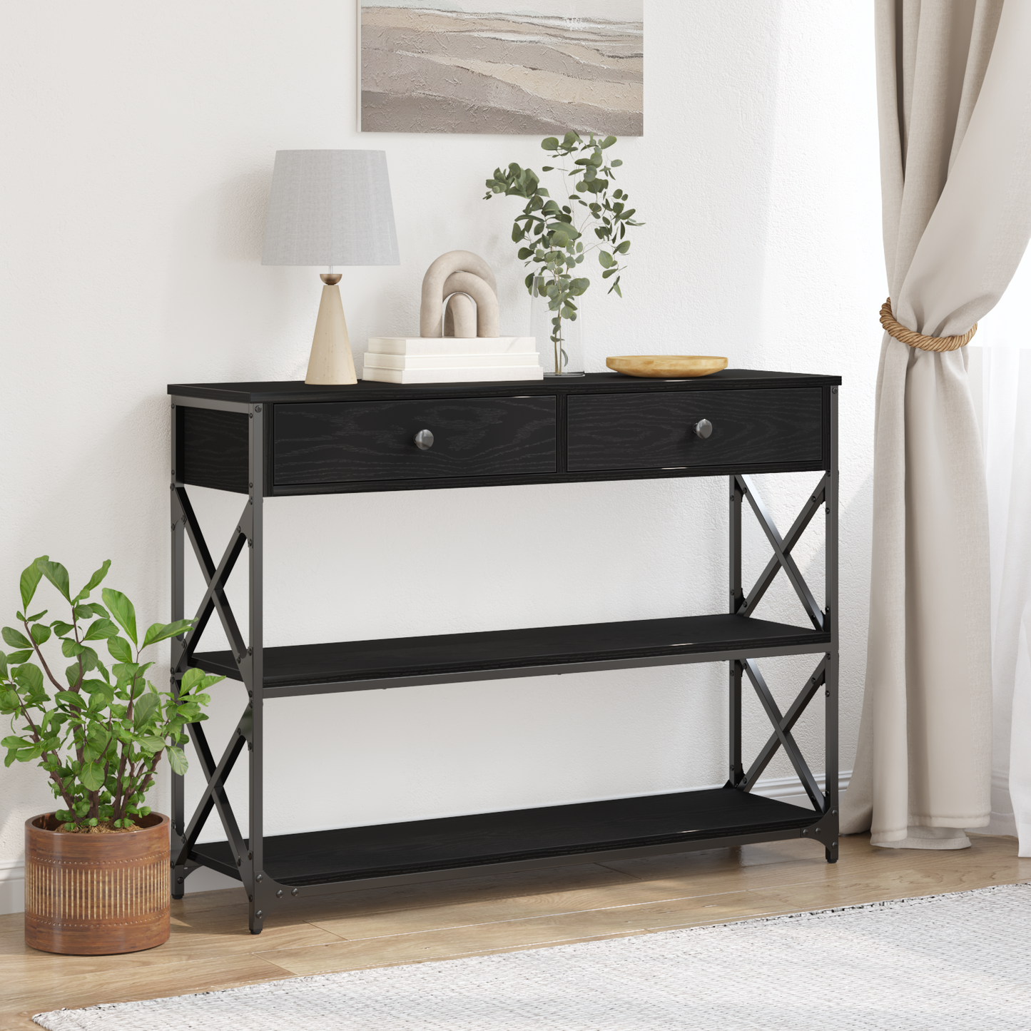 Konsole Tisch Schwarz Eichen-Optik 100 x 28 x 75 cm