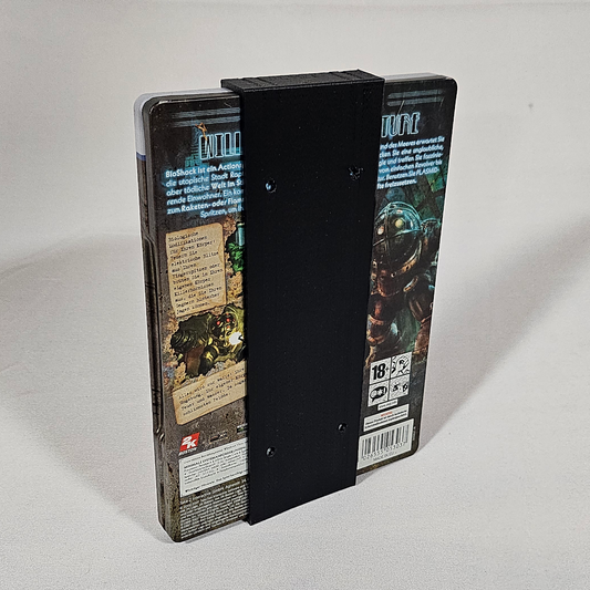 PC-Game-Hüllen-Wandhalter aus schwarzem PLA mit eingesetztem PC-Spiel – Rückansicht